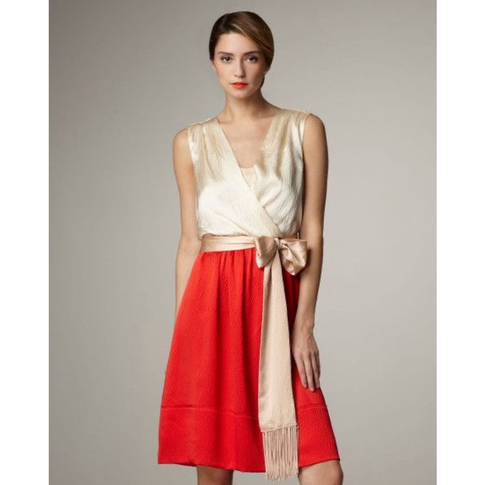 Tory Burch Darya Cream and‎ Red Silk Colorblock Wrap Dress 52111401 Size 0